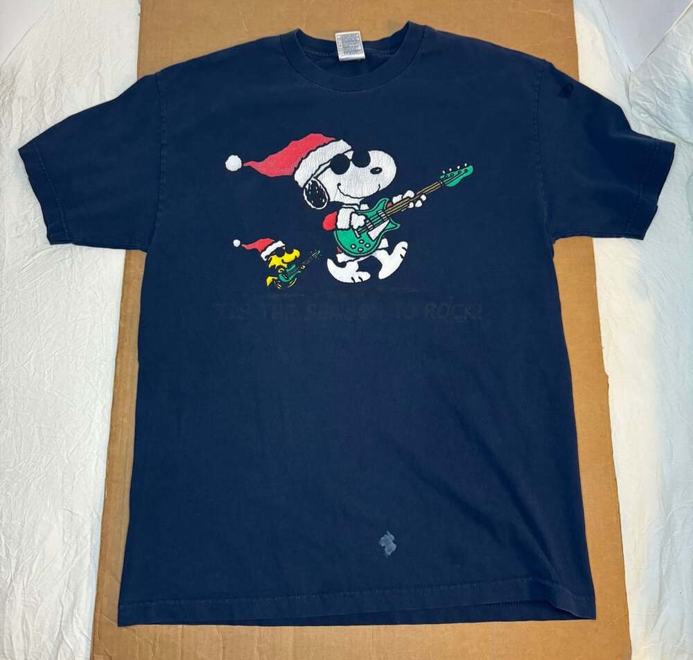 VTG Peanuts Snoopy And Woodstock Tis The Season To Rock Christmas T-Shirt L